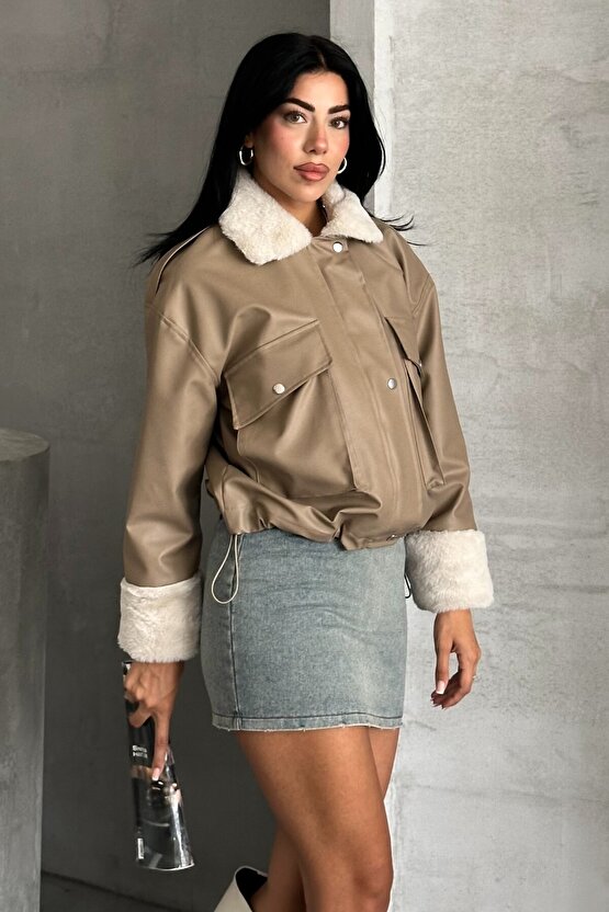Kadın Suni Deri İçi Kürklü Oversize Bomber Ceket – Kışlık Peluş Detaylı Deri Mont