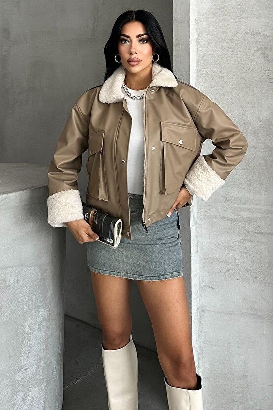Kadın Suni Deri İçi Kürklü Oversize Bomber Ceket – Kışlık Peluş Detaylı Deri Mont