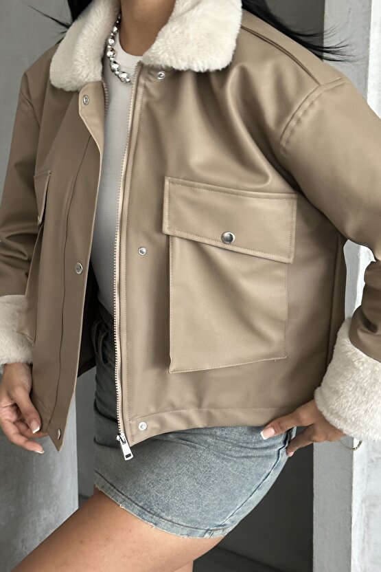 Kadın Suni Deri İçi Kürklü Oversize Bomber Ceket – Kışlık Peluş Detaylı Deri Mont