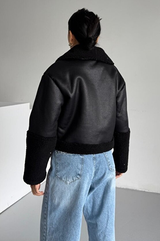 Kadın Peluş Detaylı Crop Biker Suni Deri Mont