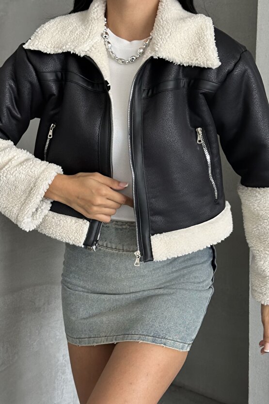 Kadın Peluş Detaylı Crop Biker Suni Deri Mont