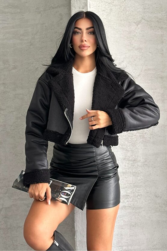 Kadın İçi Kürklü Suni Deri Mont - Crop Biker Deri Ceket
