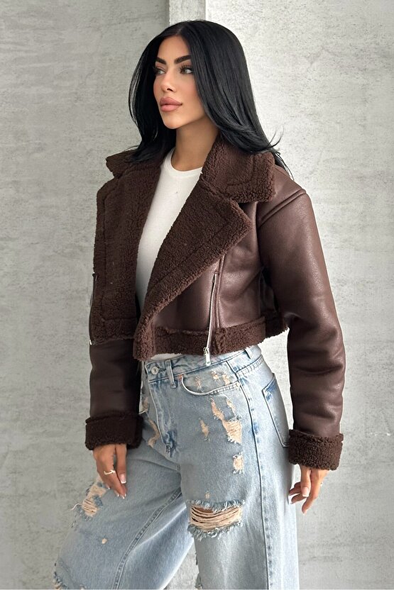 Kadın İçi Kürklü Suni Deri Mont - Crop Biker Deri Ceket