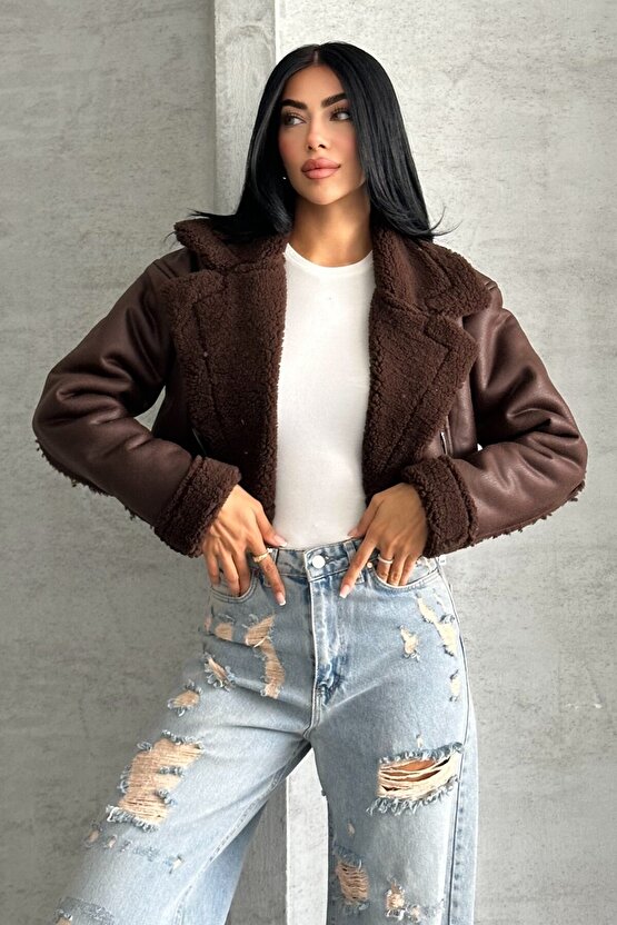 Kadın İçi Kürklü Suni Deri Mont - Crop Biker Deri Ceket