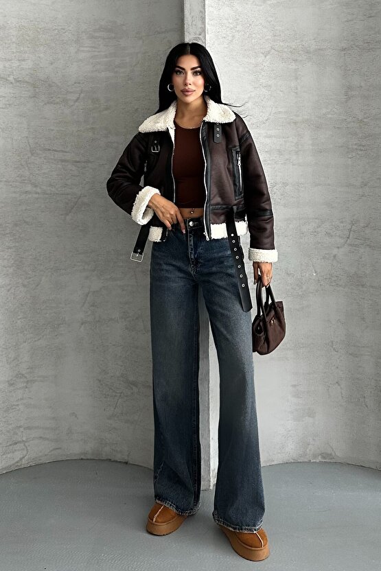 Kadın Kemerli İçi Kürklü Deri Mont - Biker Deri Ceket