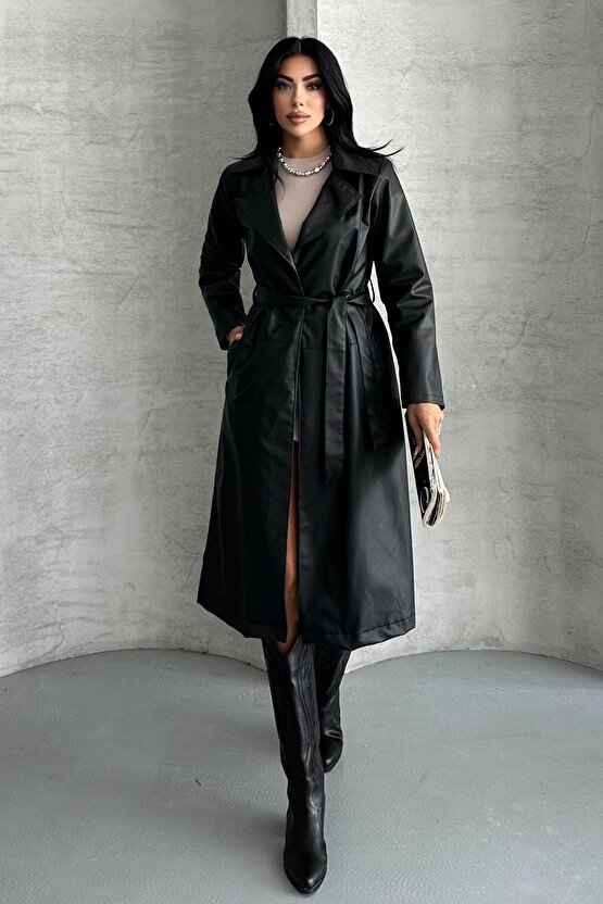Kadın Deri Trençkot - Uzun Kuşaklı Şık Mevsimlik