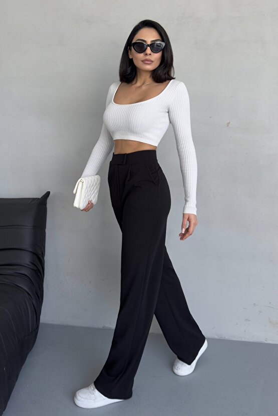 Likralı Cırtlı Kadın Palazzo Pantolon – Cesur Tarz, Yüksek Bel, Rahat Kesim