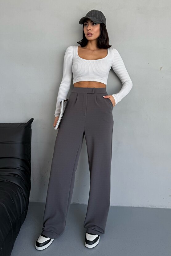 Likralı Cırtlı Kadın Palazzo Pantolon – Cesur Tarz, Yüksek Bel, Rahat Kesim