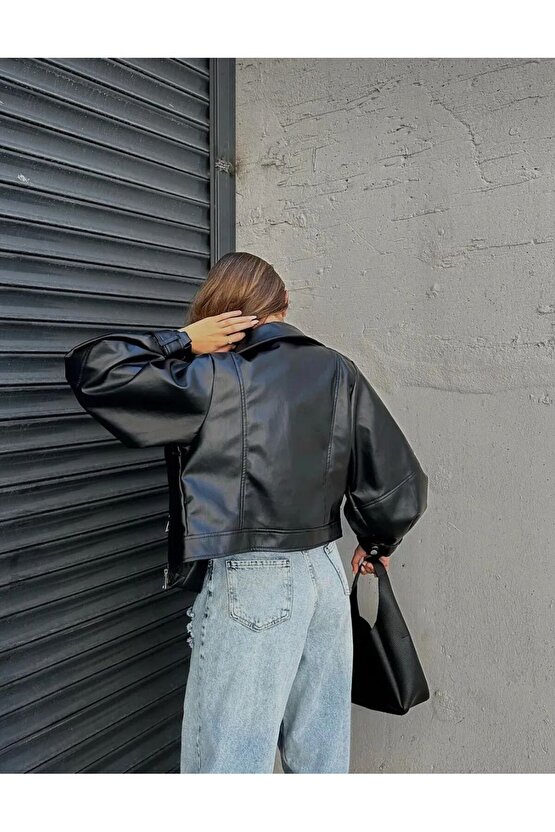 Balon Kol Deri Biker Ceket Siyah