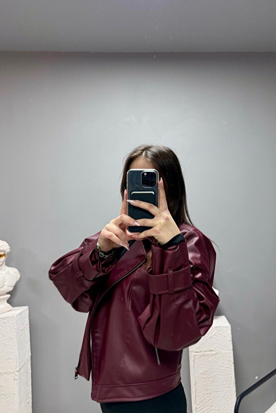 Bordo Balon Kol Deri Biker Ceket