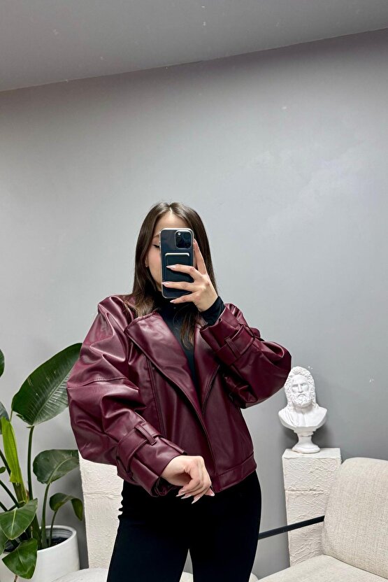 Bordo Balon Kol Deri Biker Ceket
