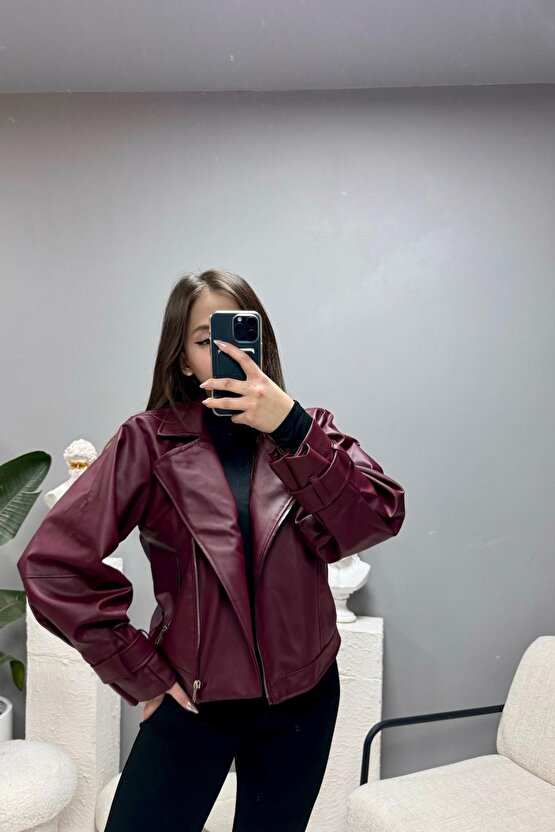 Bordo Balon Kol Deri Biker Ceket