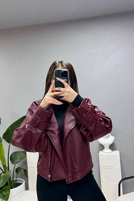 Bordo Balon Kol Deri Biker Ceket