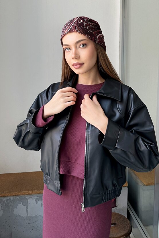 Yakalı Suni Deri Bomber Ceket