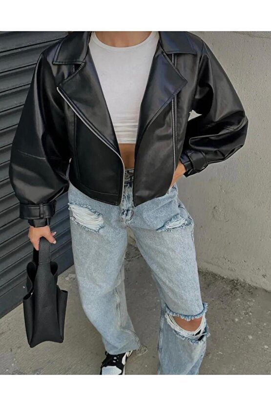 Balon Kol Deri Biker Ceket Siyah