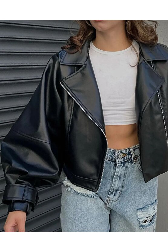 Balon Kol Deri Biker Ceket Siyah