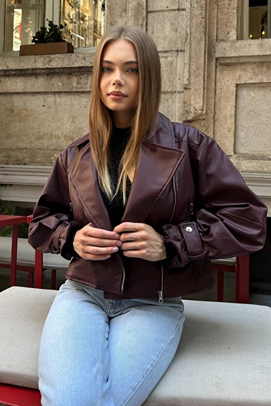 Suni Deri Balon Kol Bordo Biker Ceket
