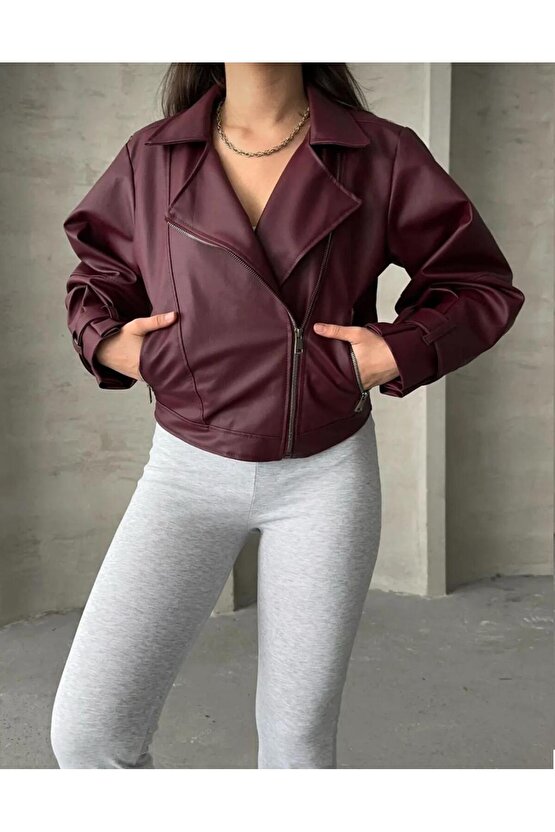 Balon Kol Bordo Deri Ceket