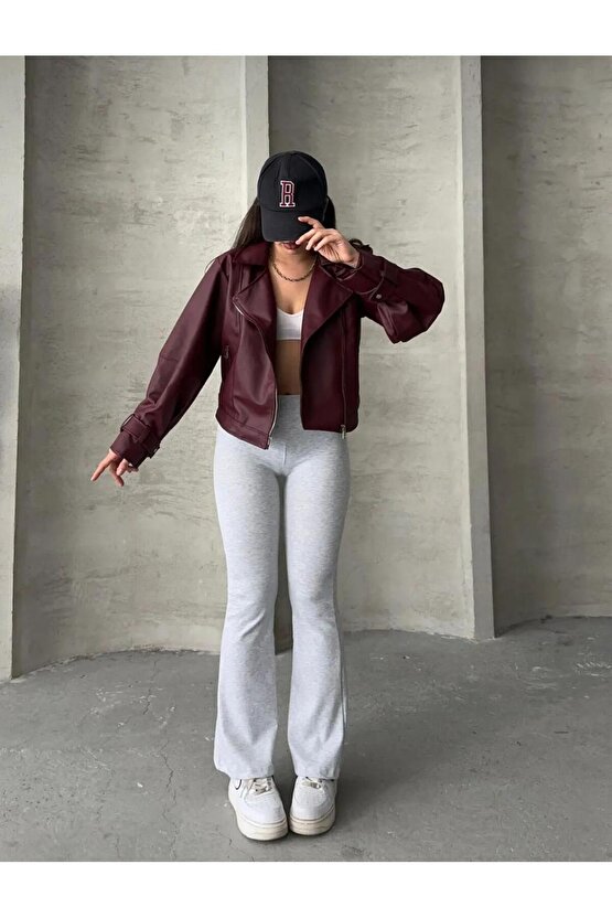 Balon Kol Bordo Deri Ceket