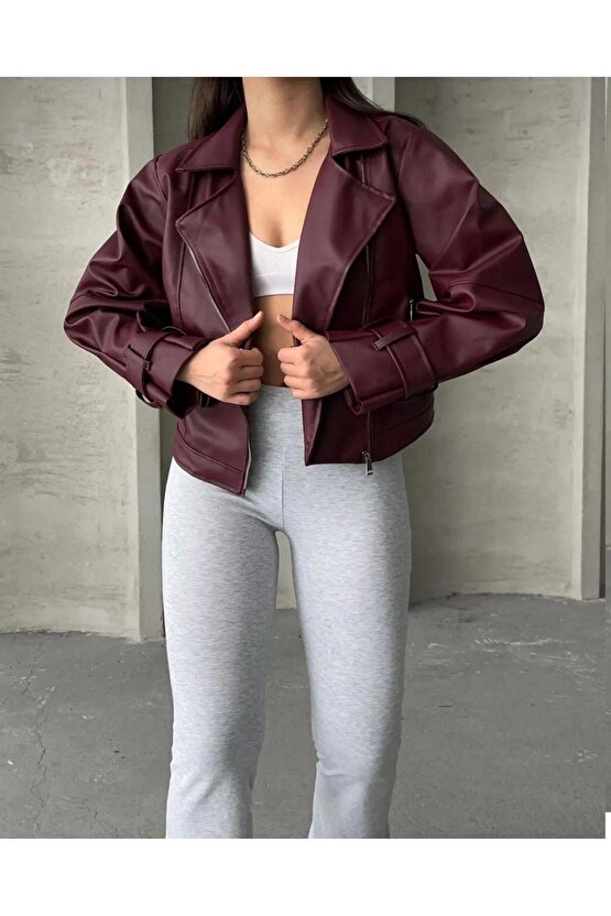 Balon Kol Bordo Deri Ceket