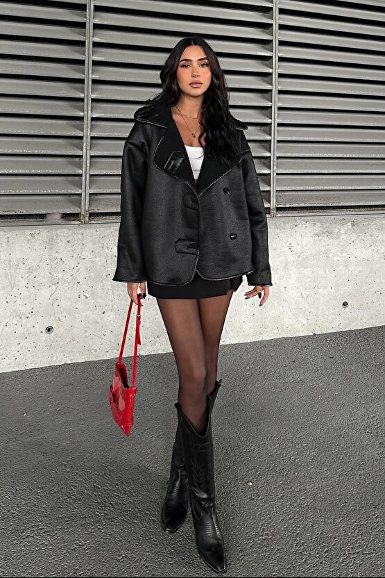 Else Siyah Dokulu Süet Içi Peluşlu Oversize Zr Model Mont