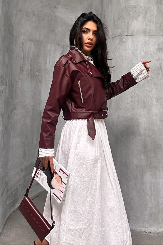 Kemerli Bordo Crop Deri Ceket