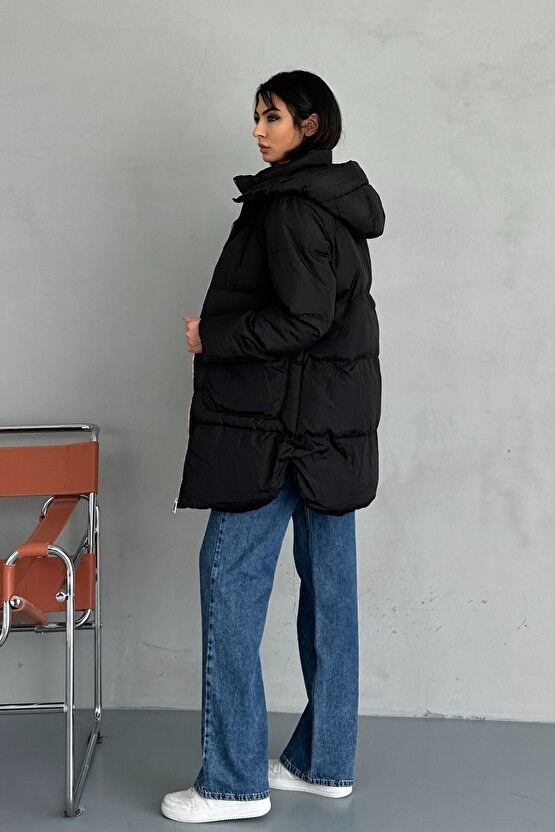 Kadın Kapüşonlu Şişme Uzun Mont