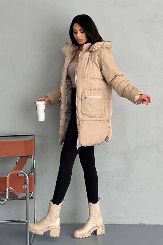 Kadın Kapüşonlu Şişme Uzun Mont