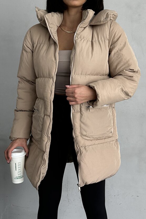 Kadın Kapüşonlu Şişme Uzun Mont