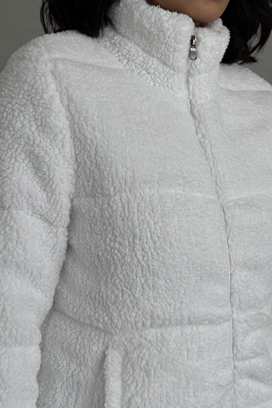 Peluş Kabartma Teddy Kadın Şişme Mont Ekru