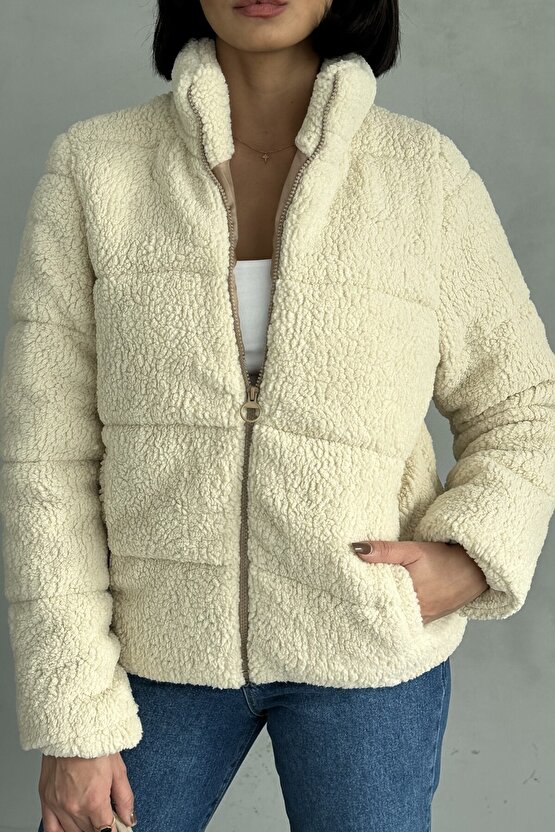 Peluş Kabartma Teddy Kadın Şişme Mont