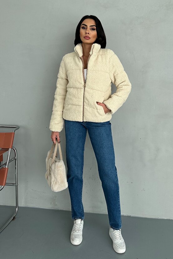 Peluş Kabartma Teddy Kadın Şişme Mont