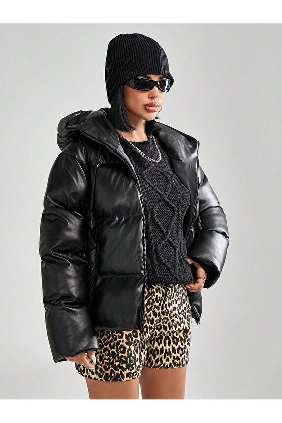 Kadın Kapüşonlu Şişme Deri Mont