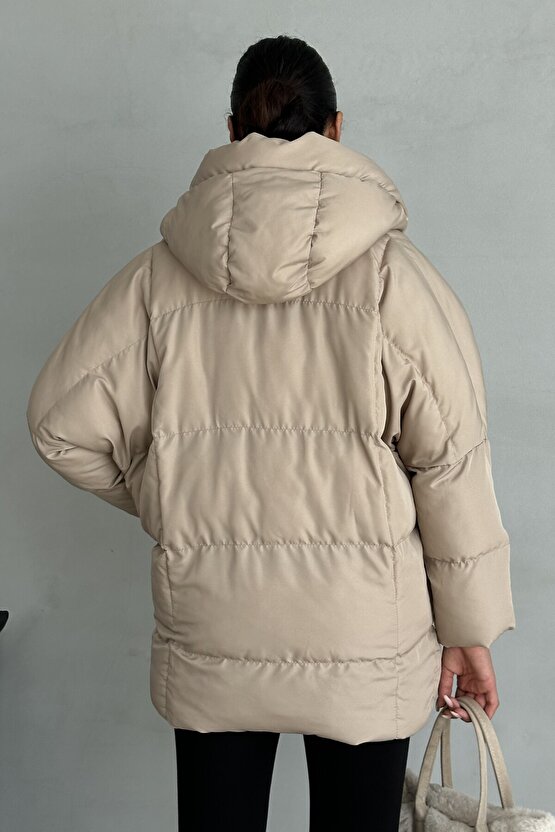 Puffer Yarasa Şişme Bej Oversize Mont