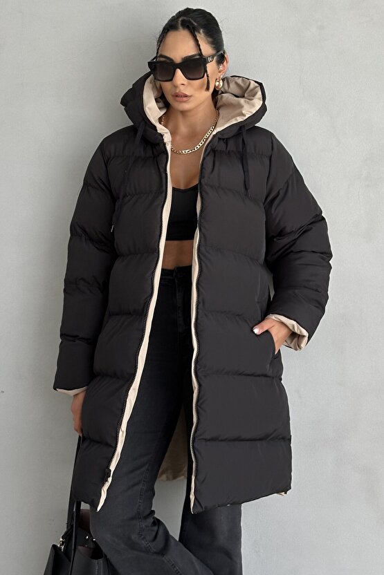 Regular Fit Çift Taraflı Uzun Şişme Mont