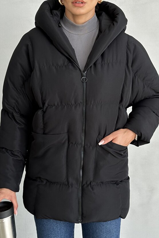 Puffer Yarasa Şişme Siyah Oversize Mont
