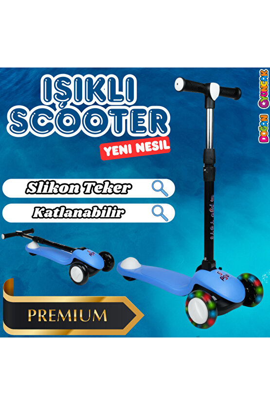 Lupa Katlanabilir Işıklı 3 Tekerlekli Mavi Scooter - Işıklı Scooter - Slikon Teker Scooter - Çocuk S