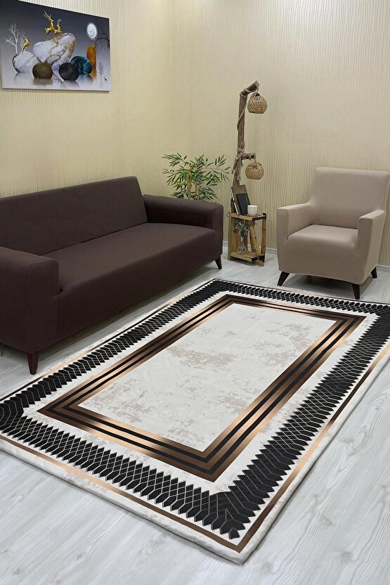 Luxaccessories Modern Desenli Kahverengi,Bej,Siyah Renkte Halı Örtüsü (Lastikli) 200 X 300 DM-12