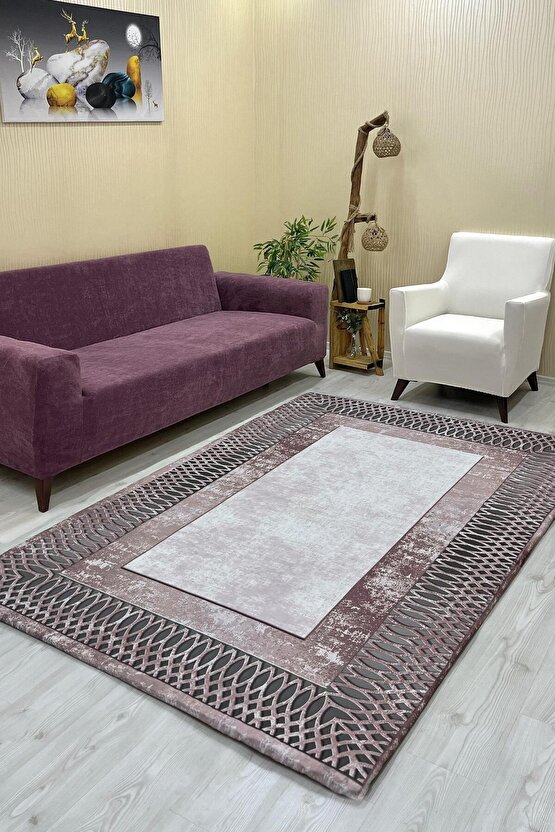 Luxaccessories Modern Desenli Bej,Mürdüm Renkte Halı Örtüsü (Lastikli) 200 X 300 DM-10