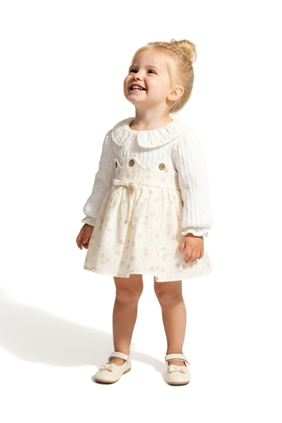 Kız Bebek Elbise Kız Çocuk Elbise Yakalı Doğum Günü Parti Düğün Özel Gün Uzun Kol Astarlı Puanlı