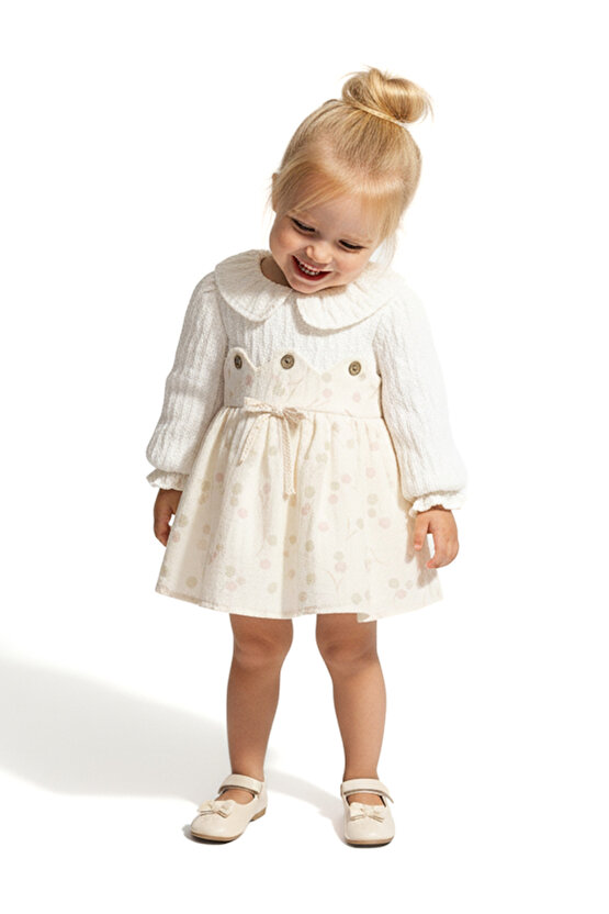 Kız Bebek Elbise Kız Çocuk Elbise Yakalı Doğum Günü Parti Düğün Özel Gün Uzun Kol Astarlı Puanlı