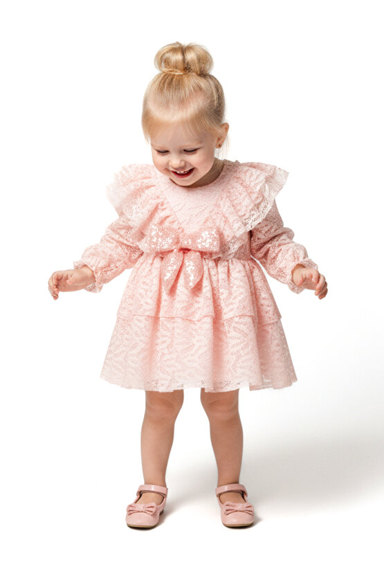 Kız Bebek Elbise Kız Çocuk Elbise Yakalı Doğum Günü Parti Düğün Özel Gün Uzun Kol Fiyonklu Astarlı