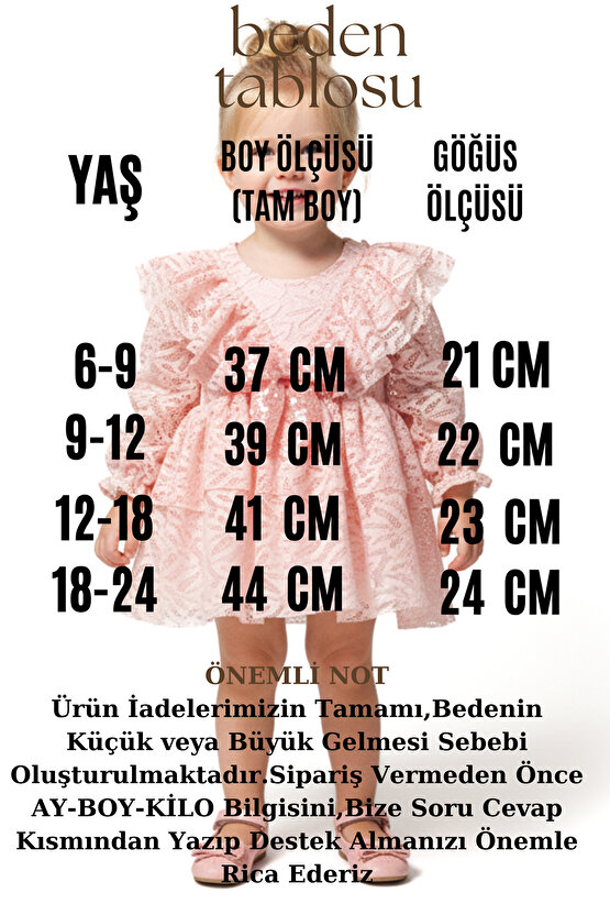 Kız Bebek Elbise Kız Çocuk Elbise Yakalı Doğum Günü Parti Düğün Özel Gün Uzun Kol Fiyonklu Astarlı