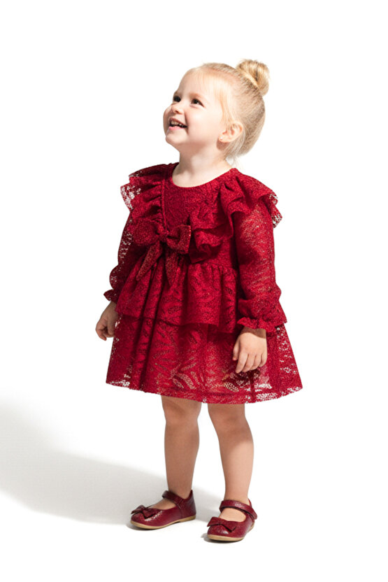 Kız Bebek Elbise Kız Çocuk Elbise Yakalı Doğum Günü Parti Düğün Özel Gün Uzun Kol Fiyonklu Astarlı