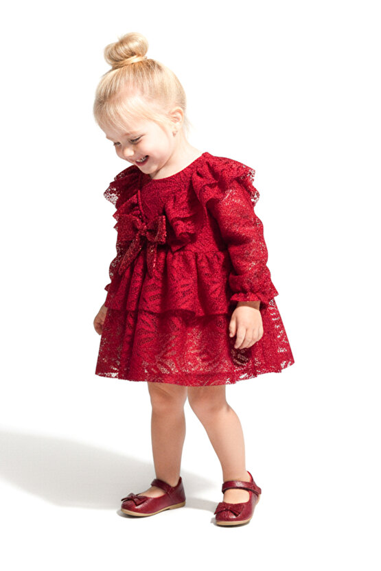 Kız Bebek Elbise Kız Çocuk Elbise Yakalı Doğum Günü Parti Düğün Özel Gün Uzun Kol Fiyonklu Astarlı