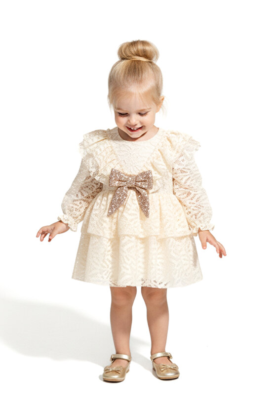 Kız Bebek Elbise Kız Çocuk Elbise Yakalı Doğum Günü Parti Düğün Özel Gün Uzun Kol Fiyonklu Astarlı