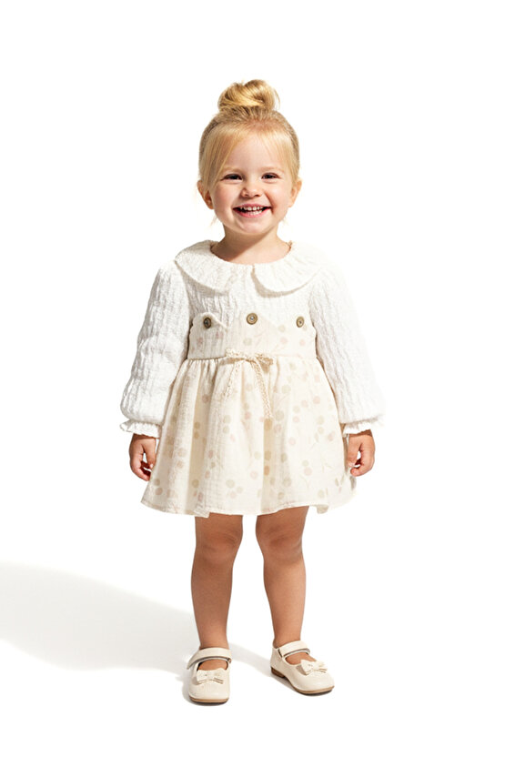 Kız Bebek Elbise Kız Çocuk Elbise Yakalı Doğum Günü Parti Düğün Özel Gün Uzun Kol Astarlı Puanlı