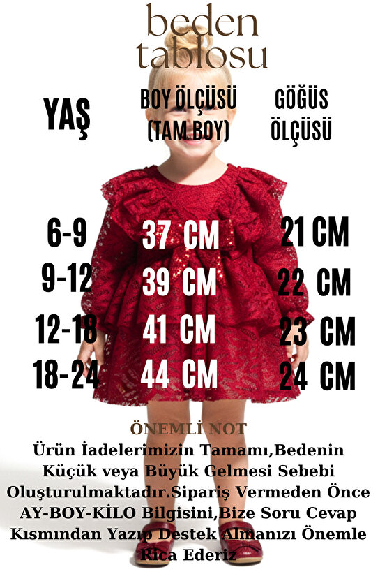 Kız Bebek Elbise Kız Çocuk Elbise Yakalı Doğum Günü Parti Düğün Özel Gün Uzun Kol Fiyonklu Astarlı