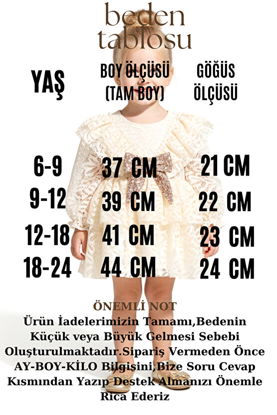 Kız Bebek Elbise Kız Çocuk Elbise Yakalı Doğum Günü Parti Düğün Özel Gün Uzun Kol Fiyonklu Astarlı