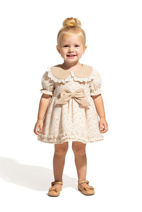 Kız Bebek Elbise Kız Çocuk Elbise Yakalı Doğum Günü Parti Düğün Özel Gün Uzun Kol Astarlı Çiçekli